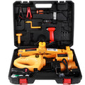 Yellow steel car electric hydraulic jack set with an electric wrench on a garage floor.