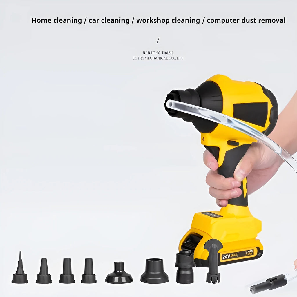 Yellow handheld cordless dust gun blower with accessories for office and home cleaning
