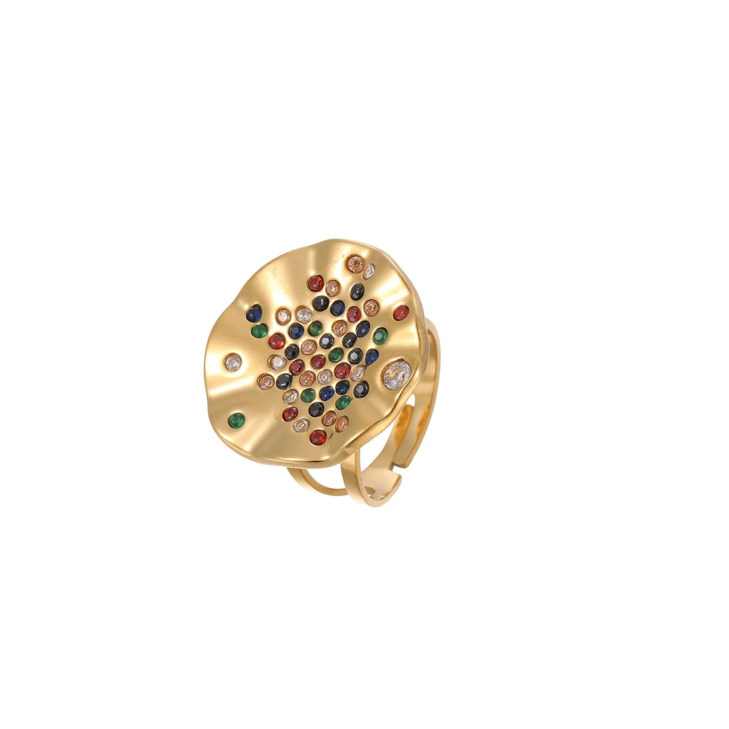 Geometric stainless steel open mouth ring with pleated inlaid design and crystal accents