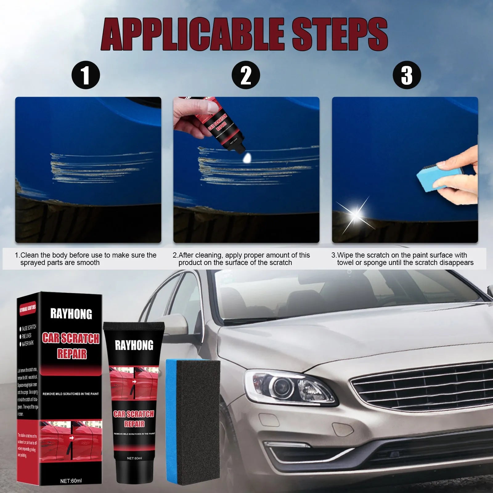 60ml car scratch repair wax set with application cloth for paint surface maintenance