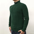 Men's grey half-turtleneck zip front sweater with long sleeves on a hanger.