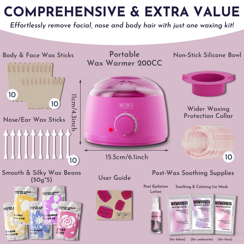 Professional waxing kit with wax warmer, hard wax beans, tools and aftercare products for hair removal