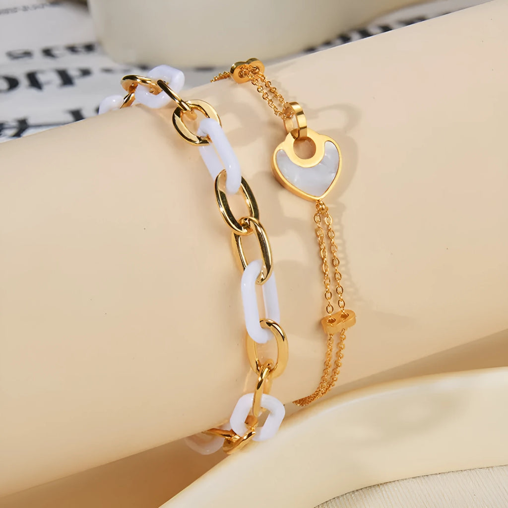 Women's stainless steel resin heart bracelet with double layers and electroplated finish
