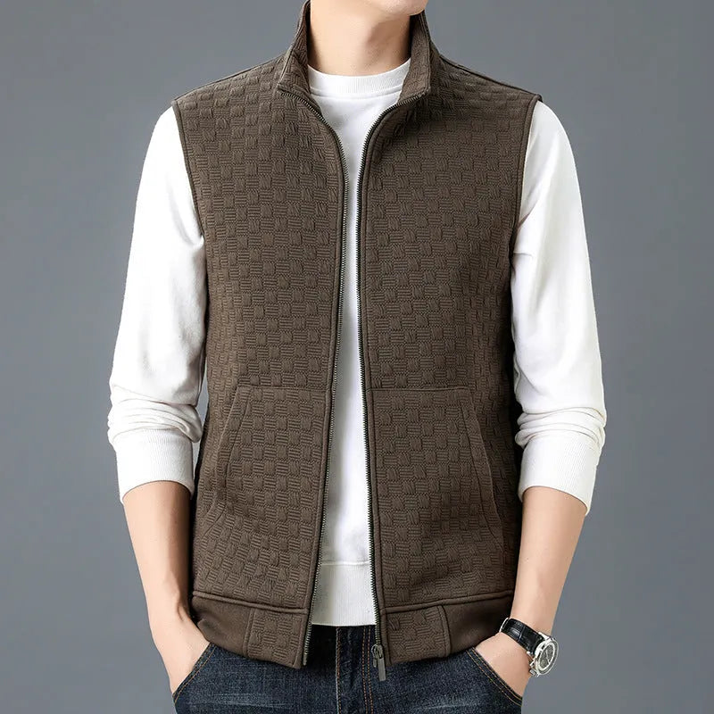 Men's casual sleeveless vest waistcoat in a neutral colour on a hanger.