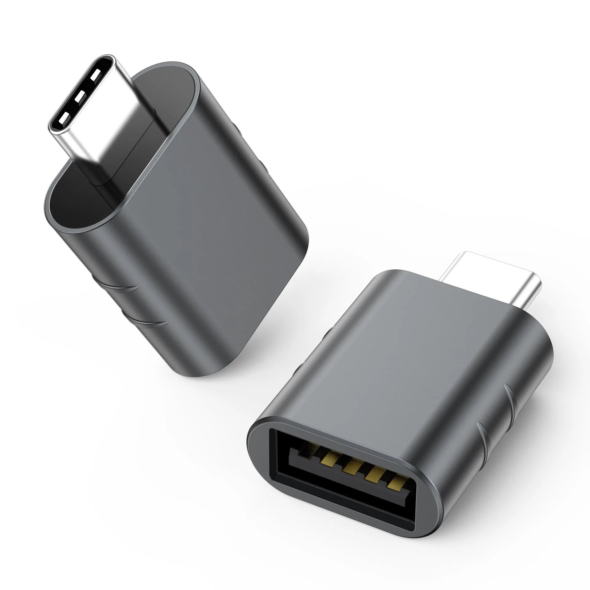 USB data and charging converter adapter with zinc alloy shell in various colour finishes.
