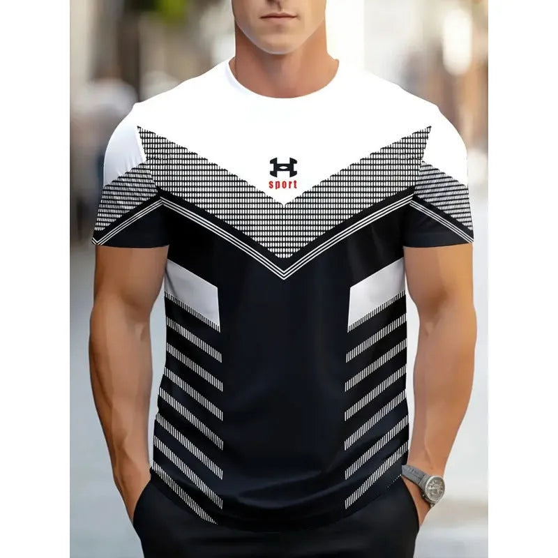 Men's loose fit short-sleeve T-shirt with digital 3D printed stripe patterns