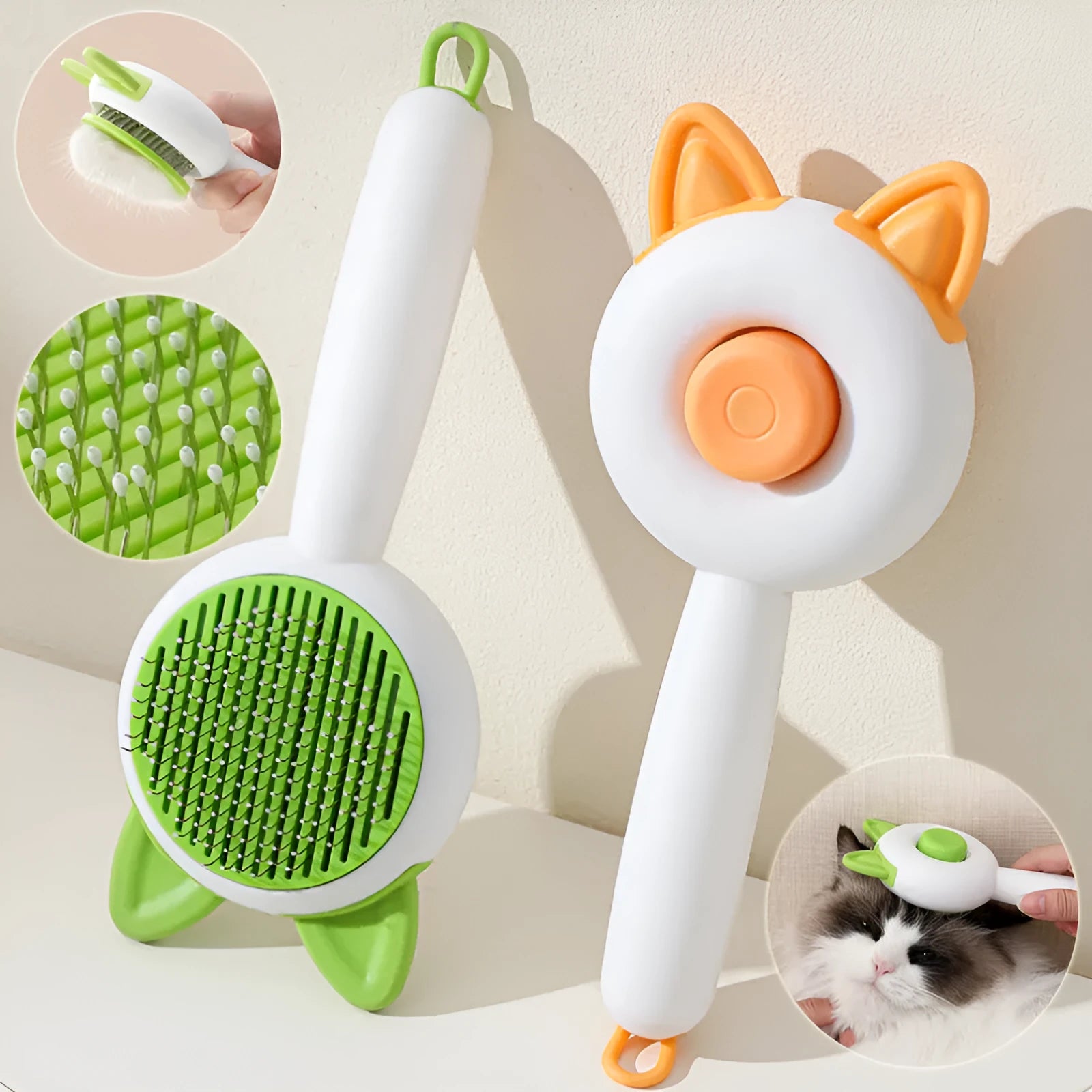 Self-cleaning pet hair remover comb with PP TPR handle and stainless steel teeth, greenish white colour