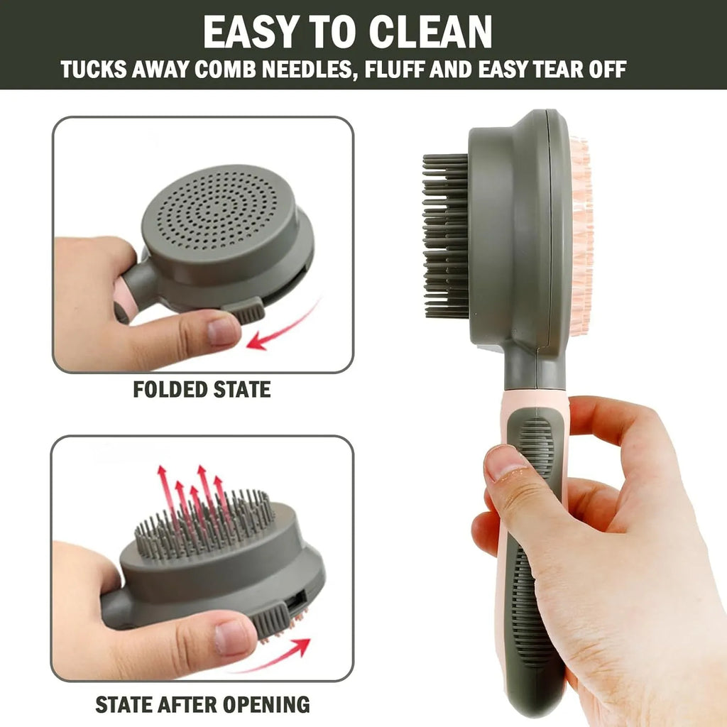 Green and pink double-sided cat grooming brush with slicker brush and flea comb, showing release button
