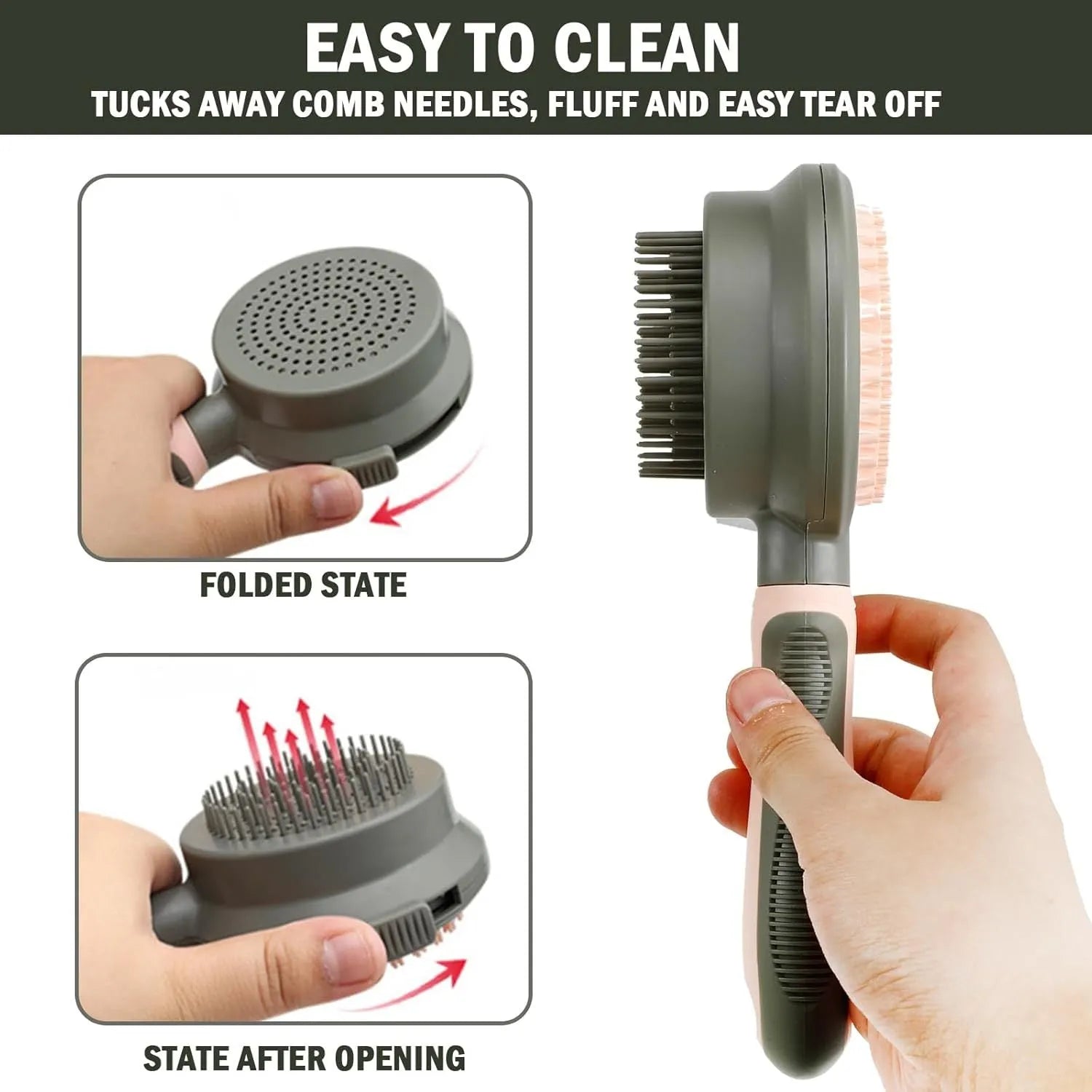 Green and pink double-sided cat grooming brush with slicker brush and flea comb, showing release button