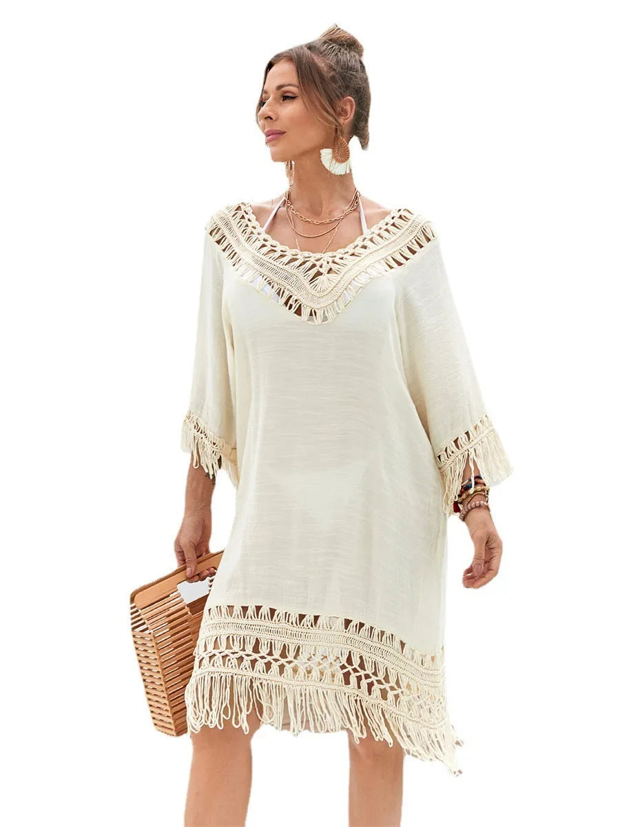 Hand-crocheted apricot beach dress with acrylic exterior and polyester lining for swimming and beachwear