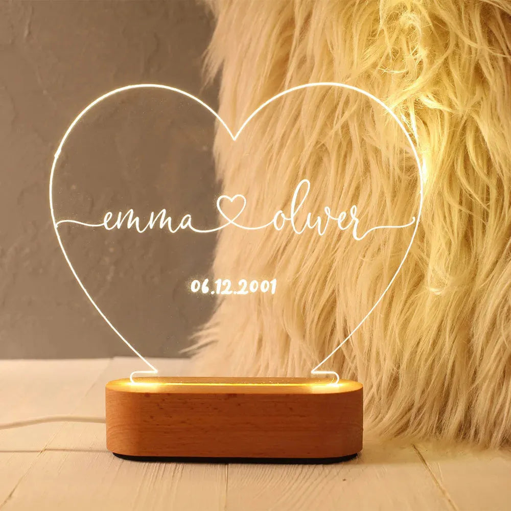 Custom names and date night light with 20cm acrylic plate and LED base