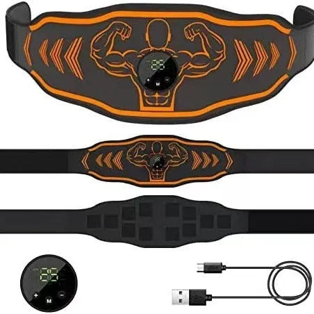 Blue and orange smart EMS massage belt fitness equipment with arm straps laid flat.