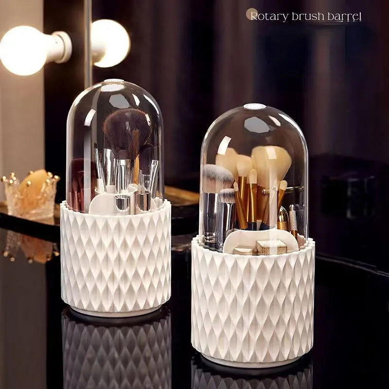 White rotating transparent acrylic makeup brush holder with dustproof lid on desktop