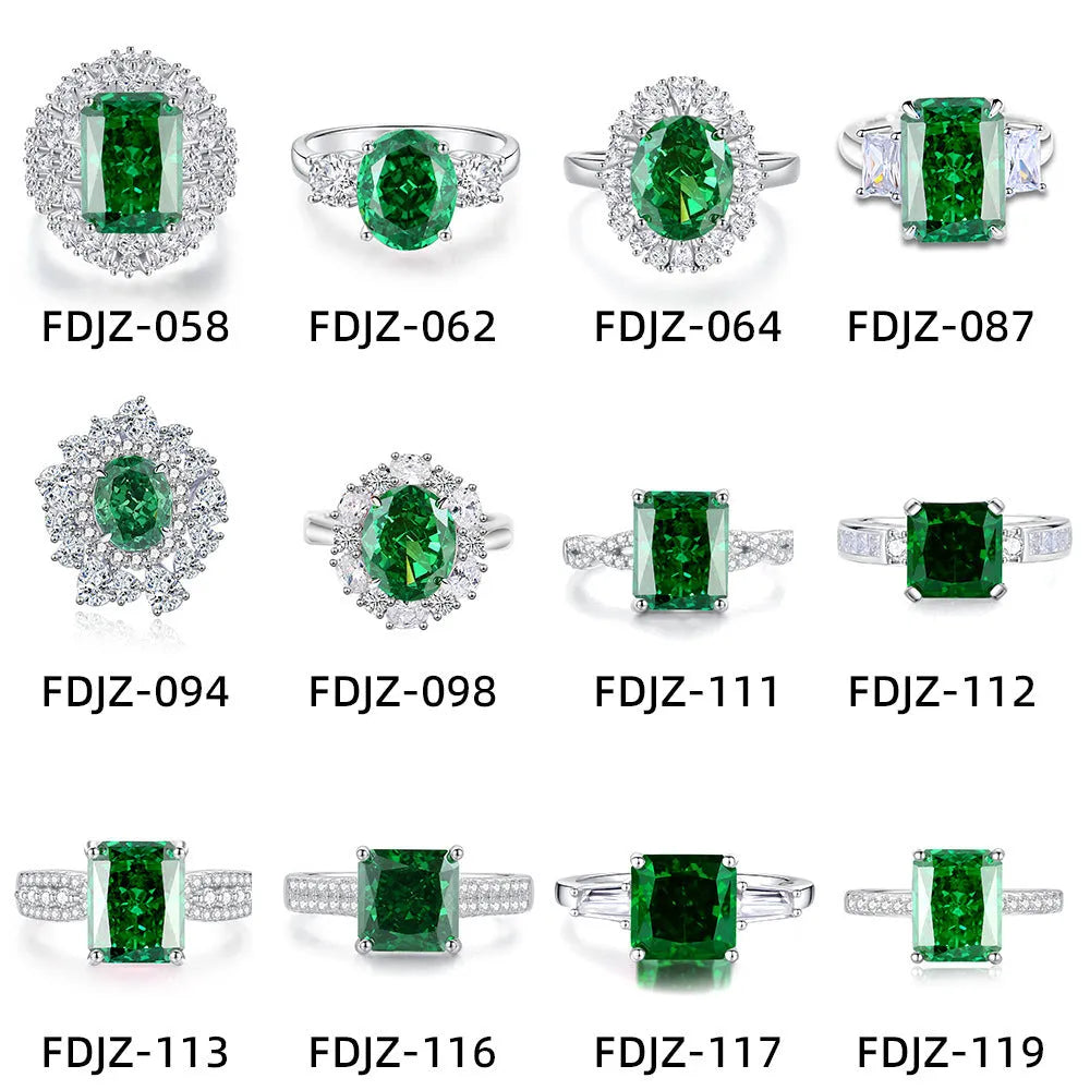 S925 silver ring with a genuine green emerald in a palaibahao setting, surrounded by inlaid high carbon diamonds on a geometric band.