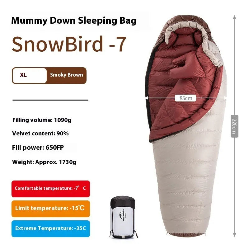 Goose down mummy-style sleeping bag with storage bag, shown in a colour option.