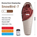 Goose down mummy-style sleeping bag with storage bag, shown in a colour option.