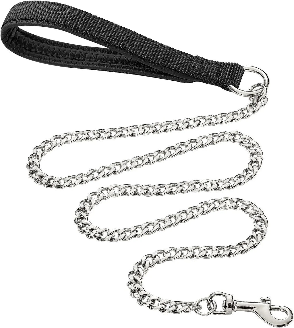 Heavy duty metal dog leash chain with soft black padded handle, shown in red colour.