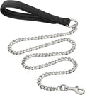 Heavy duty metal dog leash chain with soft black padded handle, shown in red colour.