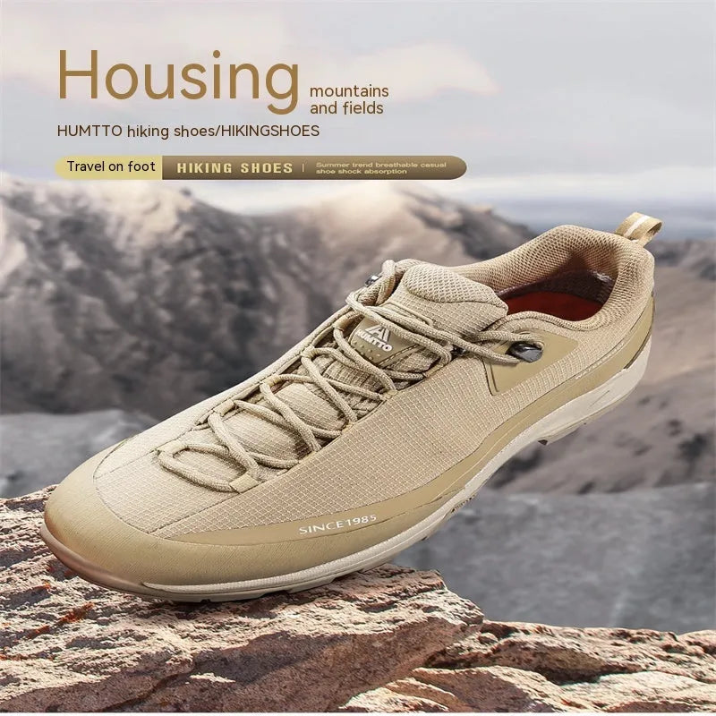 Men's low-top hiking boots with round toe design and lace-up closure in various colours