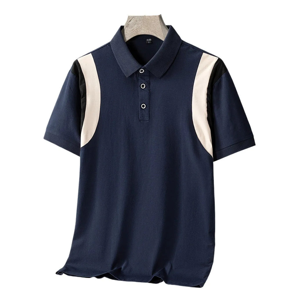 Man modelling a striped short-sleeved T-shirt with a business lapel collar in a loose fit.