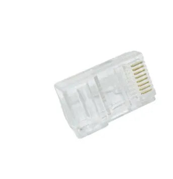 White RJ45 modular plug with three-fork gold-plated contacts for Ethernet cable termination