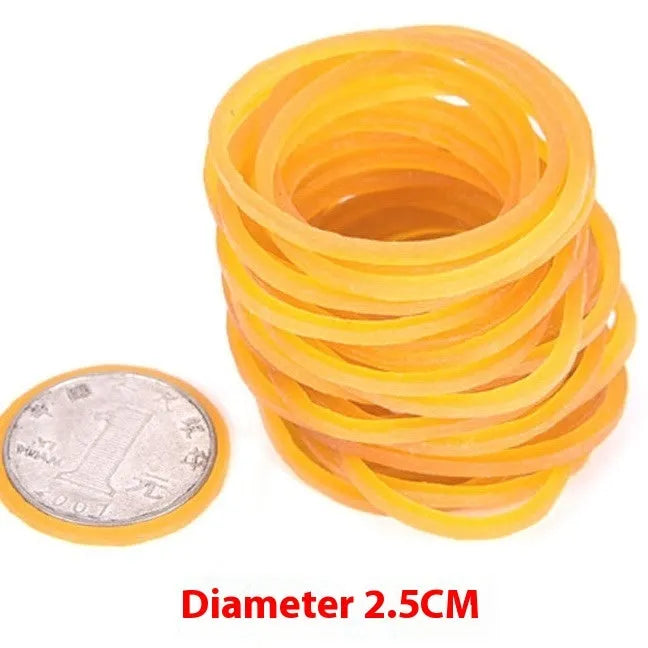 500g bulk pack of assorted yellow rubber bands in sizes from 16mm to 70mm diameter.