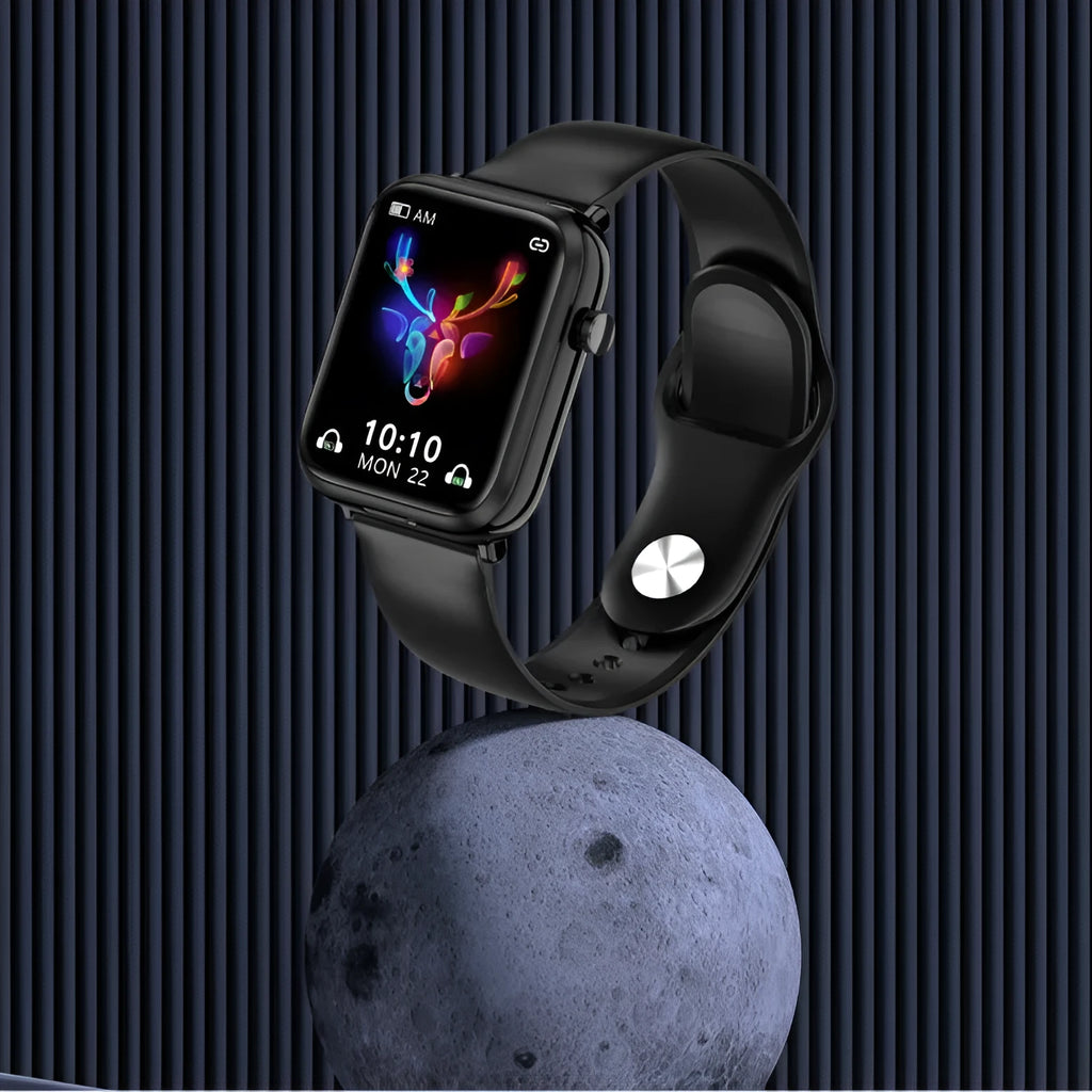 Black all-touch smartwatch with zinc alloy body and integrated Bluetooth earpieces on a wrist