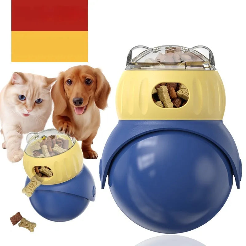 Owl-shaped plastic tumbler cat toy in morandi yellow and blue colours, designed as a puzzle food feeder.