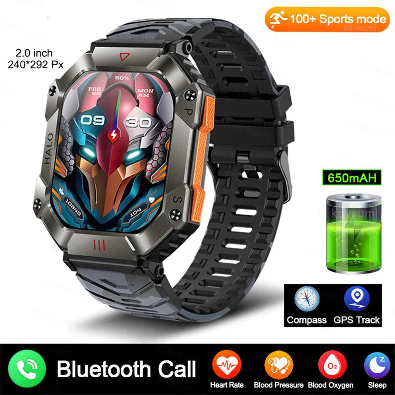 Android smart watch with titanium case on wrist, showing black camouflage strap option and display.