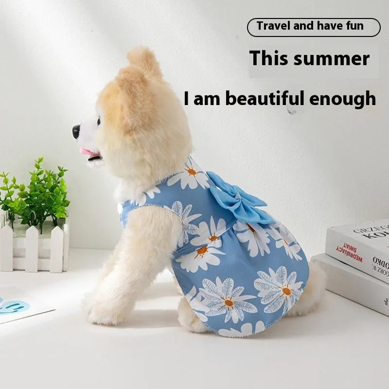 Ultra-thin light orange polyester pet dress for dogs or cats with a floral butterfly knot and bow.