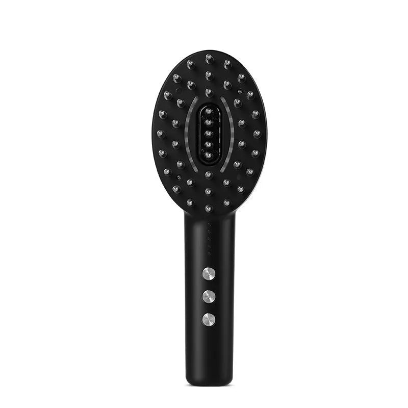 Black handheld rechargeable scalp massager and treatment applicator device with USB cable.
