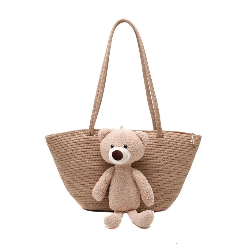 Cotton linen woven dumpling-shaped tote bag with double straps and three-dimensional pockets
