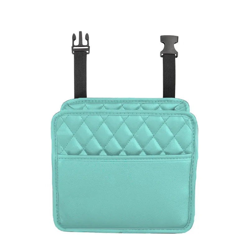 Leather hanging storage bag for car interior in black, pink, green, or white