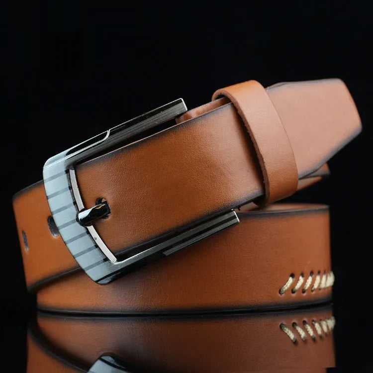 Men's retro threading pattern casual belt with alloy pin buckle in black colour
