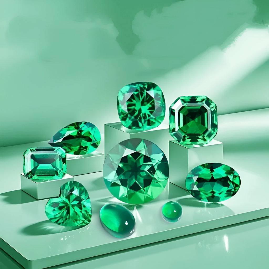 Columbia green cultivated emerald gemstones in multiple geometric shapes and sizes for jewellery making