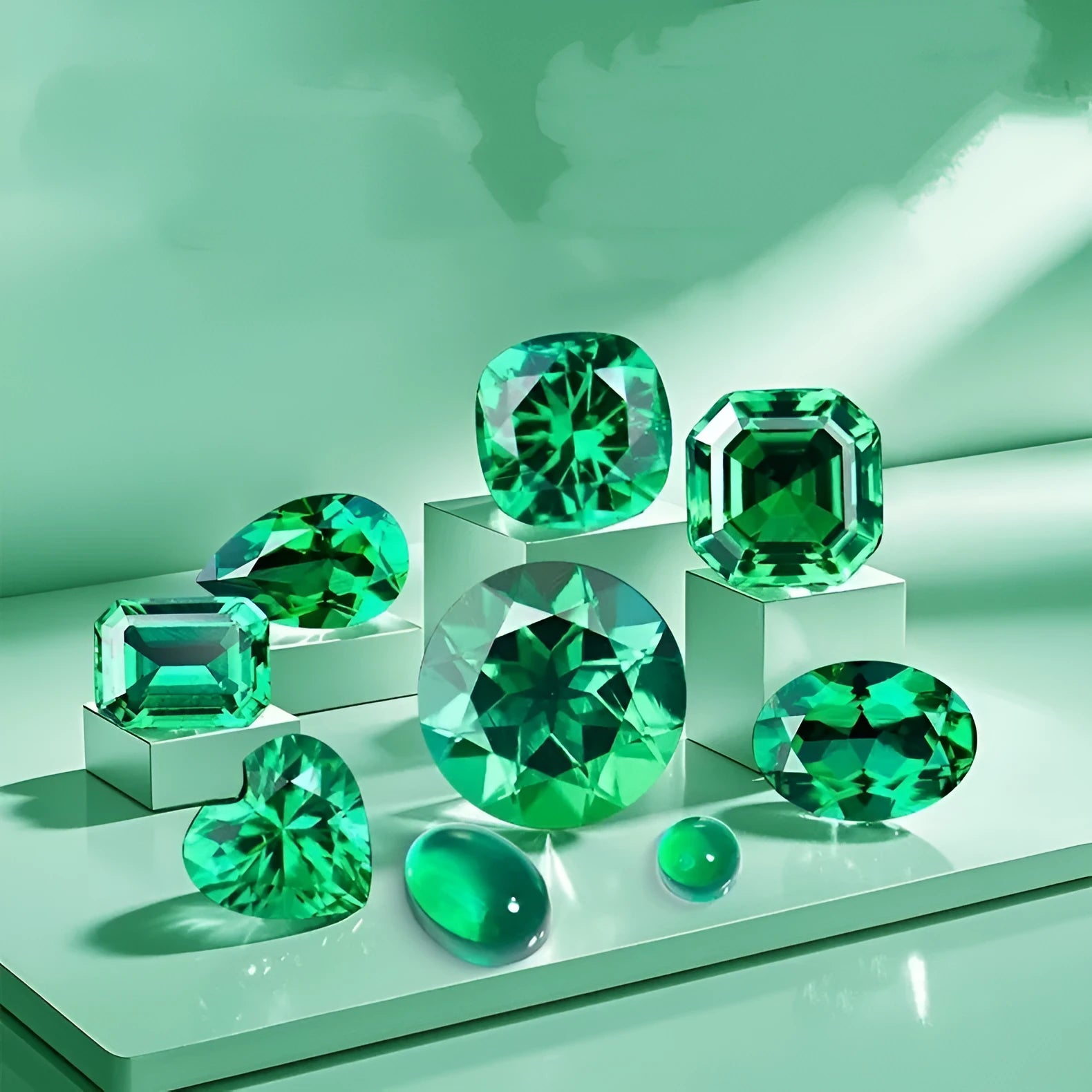 Columbia green cultivated emerald gemstones in multiple geometric shapes and sizes for jewellery making