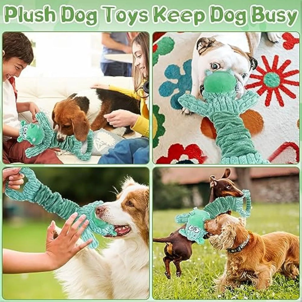 Large blue plush squeaky dog toy with handle for tug of war games