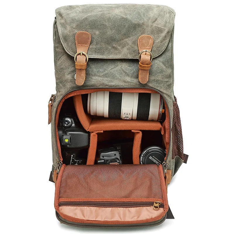 Canvas DSLR camera backpack in khaki colour showing multi-functional design for photography equipment