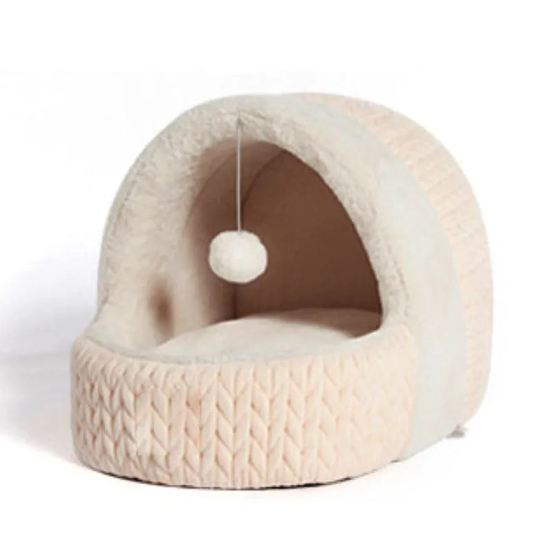 Four Seasons average size semi-enclosed cloth pet bed in pink and gray for cats and dogs