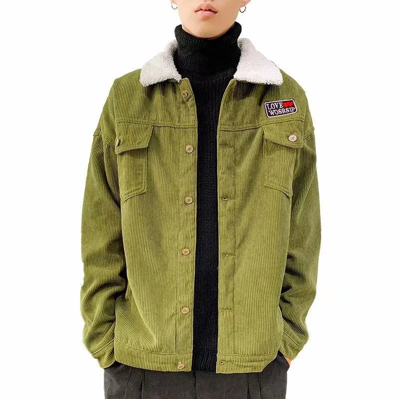 Men's corduroy workwear jacket in khaki colour showing ribbed texture and size stick pockets
