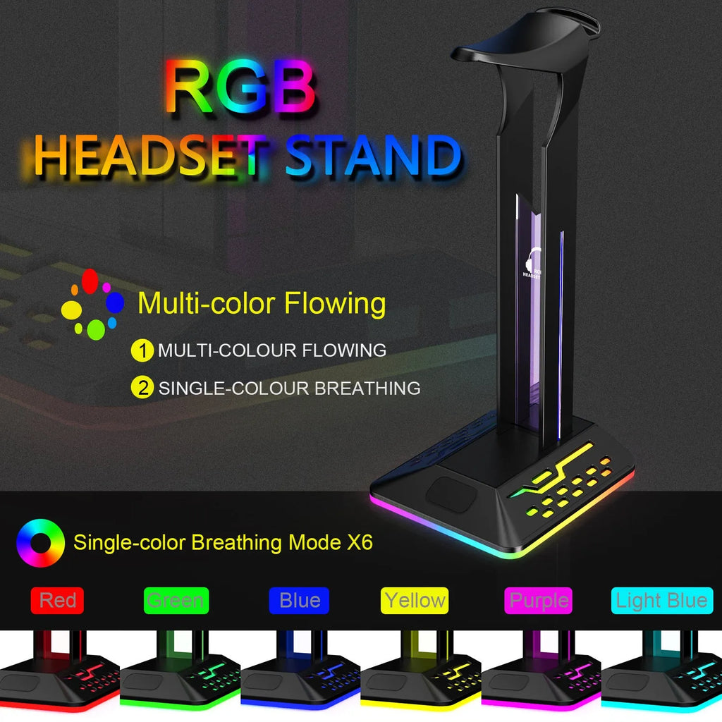 Acrylic RGB headset bracket with colour changing lights holding headphones, showing dual USB ports.