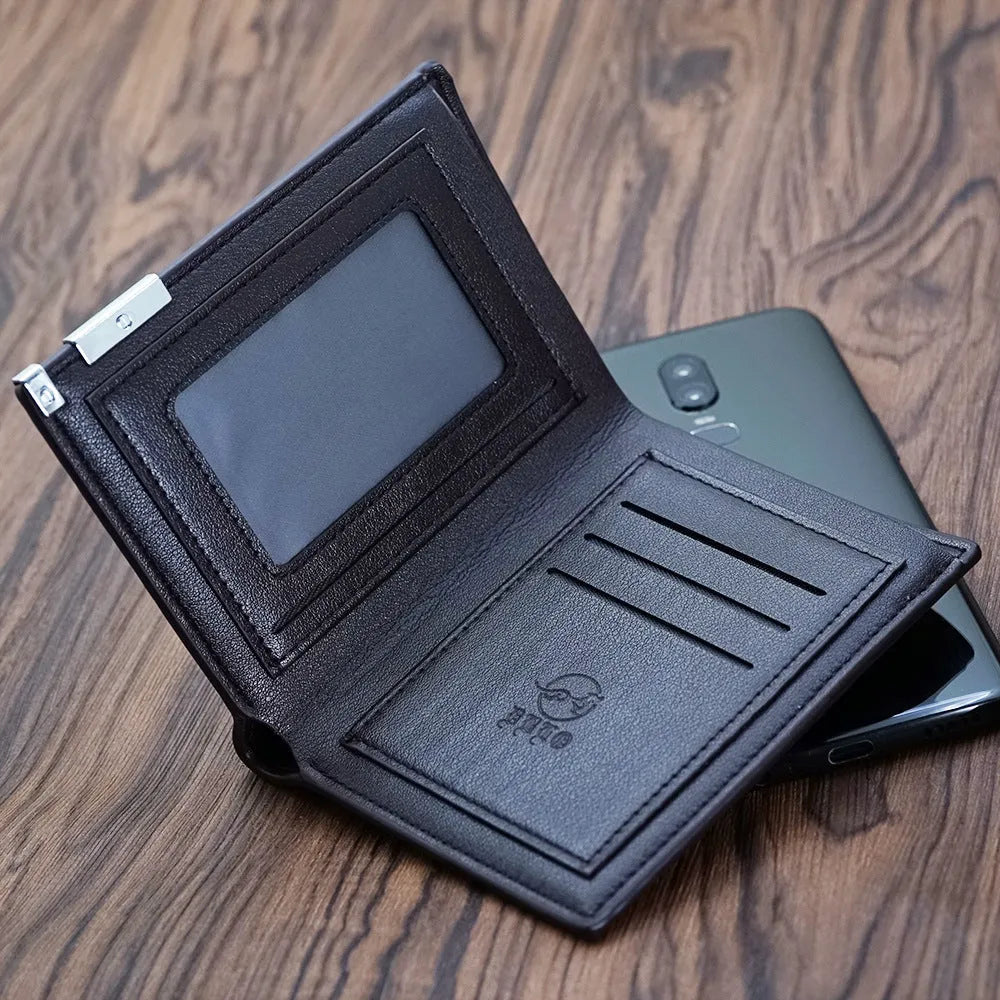 Men's leather wallet with a zipper closure, presented as a gift.