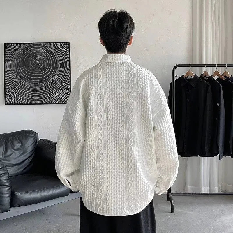 Men's cotton blend embossed loose lapel shirt coat in black