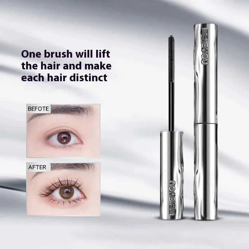 Waterproof mascara in a steel tube with choice of black or brown shade, shown with optional eyelash curler.