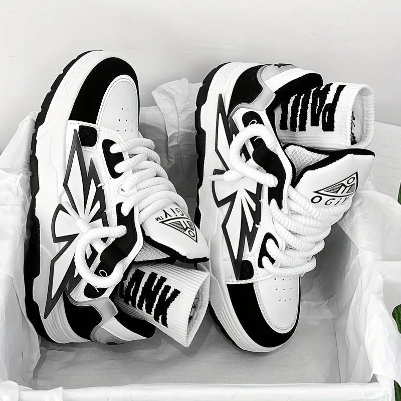 Men's white chunky sole casual sneakers with synthetic leather upper and round toe on a plain background.