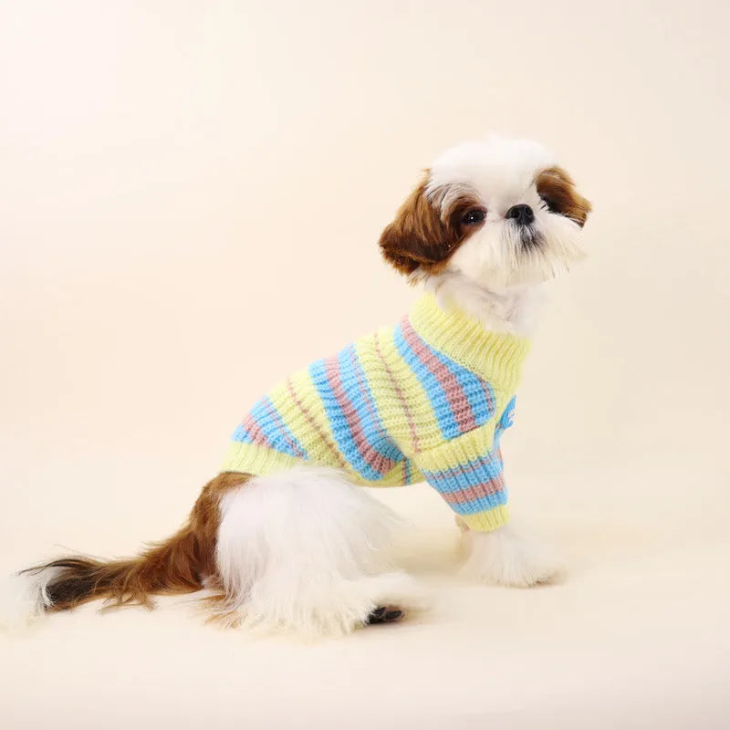 Blue and yellow striped wool dog sweater for small breeds in size L