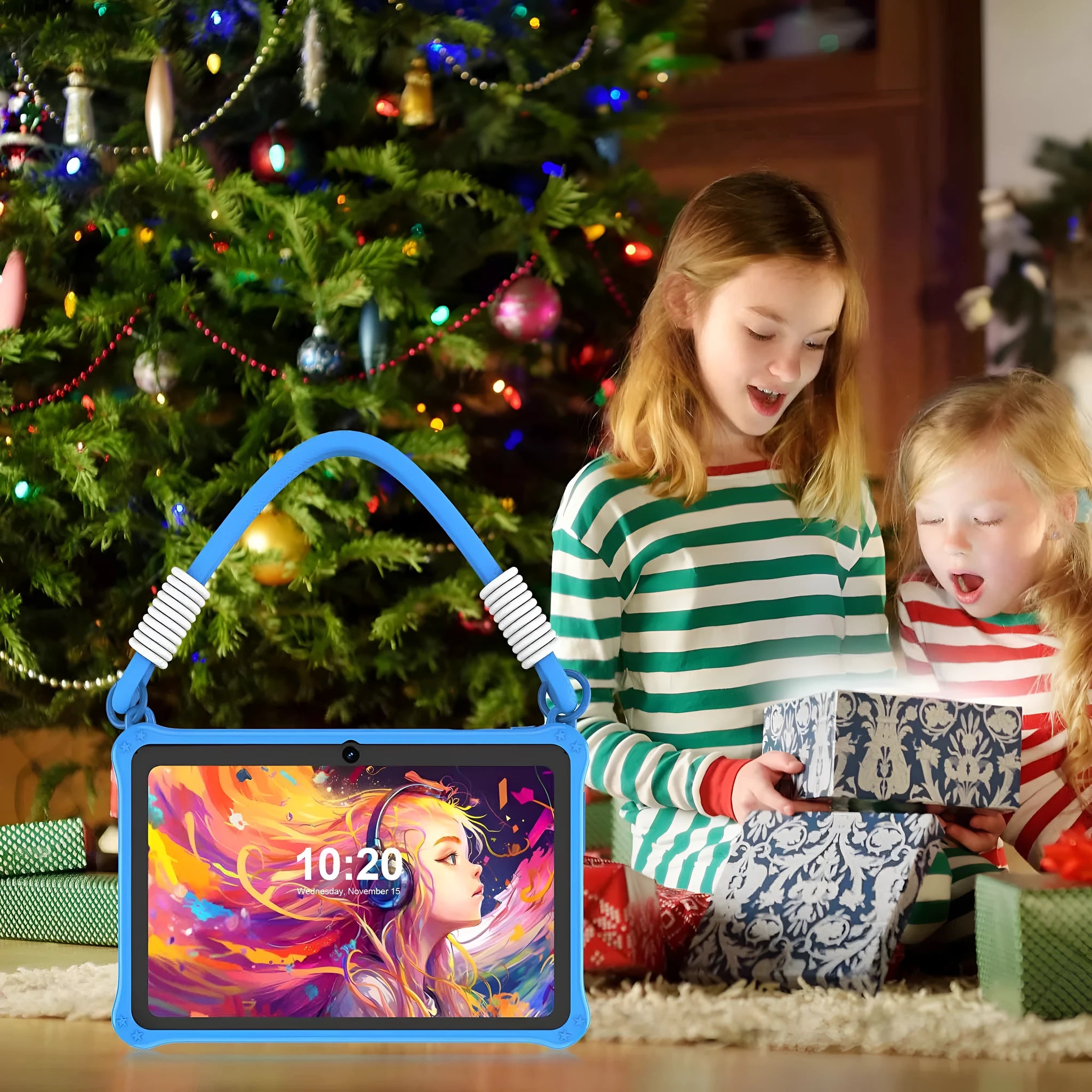 7-inch children's silicone protective tablet case with flat strap in sapphire blue and dark pink colours