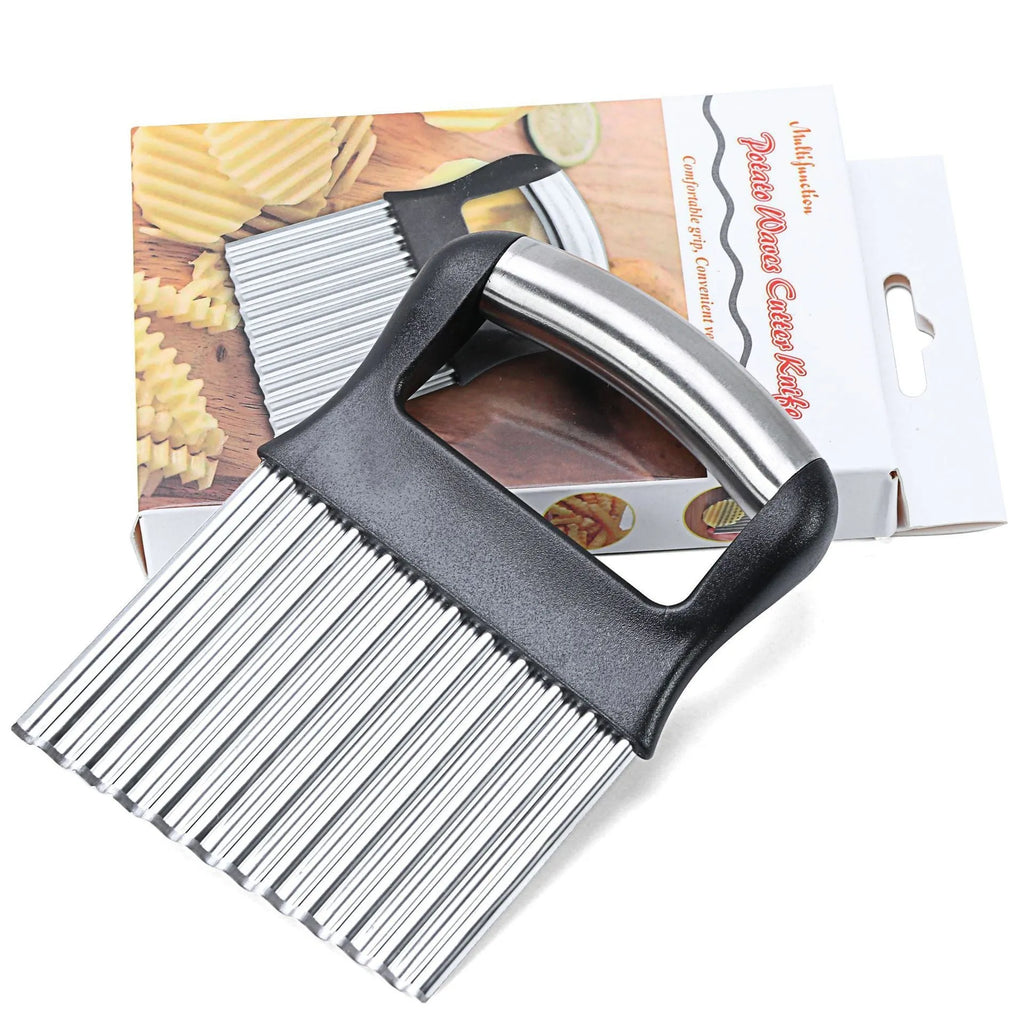 Stainless steel potato wave knife for cutting corrugated chips, shown in black and white colour options.