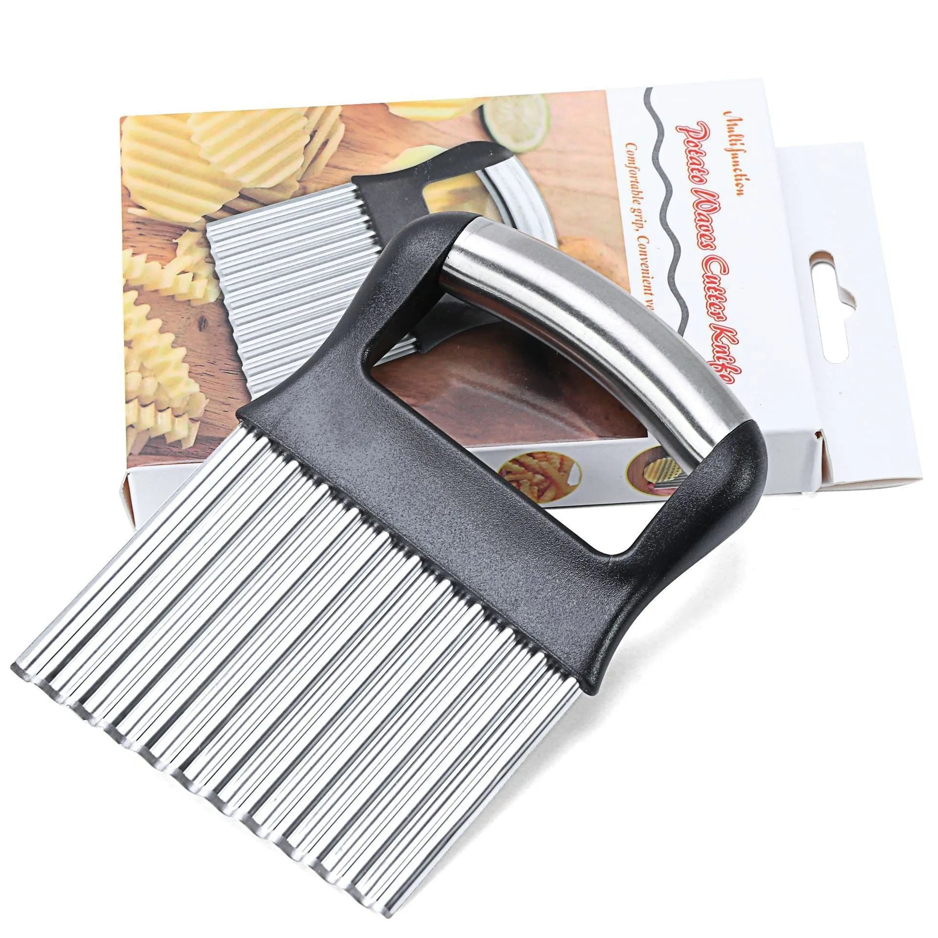 Stainless steel potato wave knife for cutting corrugated chips, shown in black and white colour options.