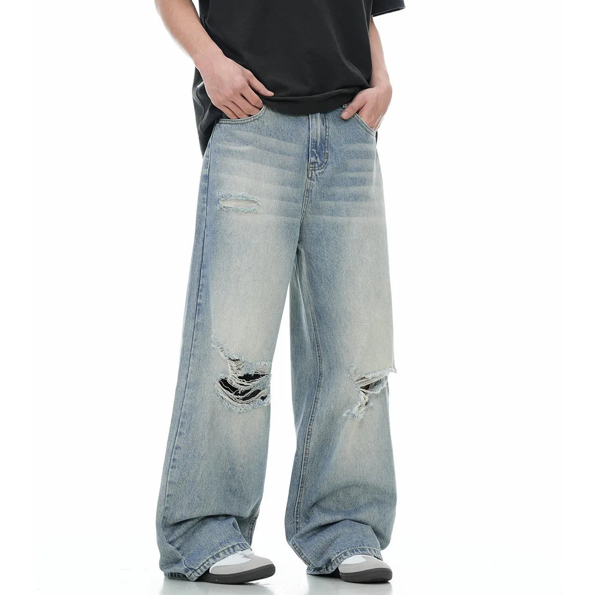 Blue straight-leg men's jeans with a zip fly, shown laid flat.